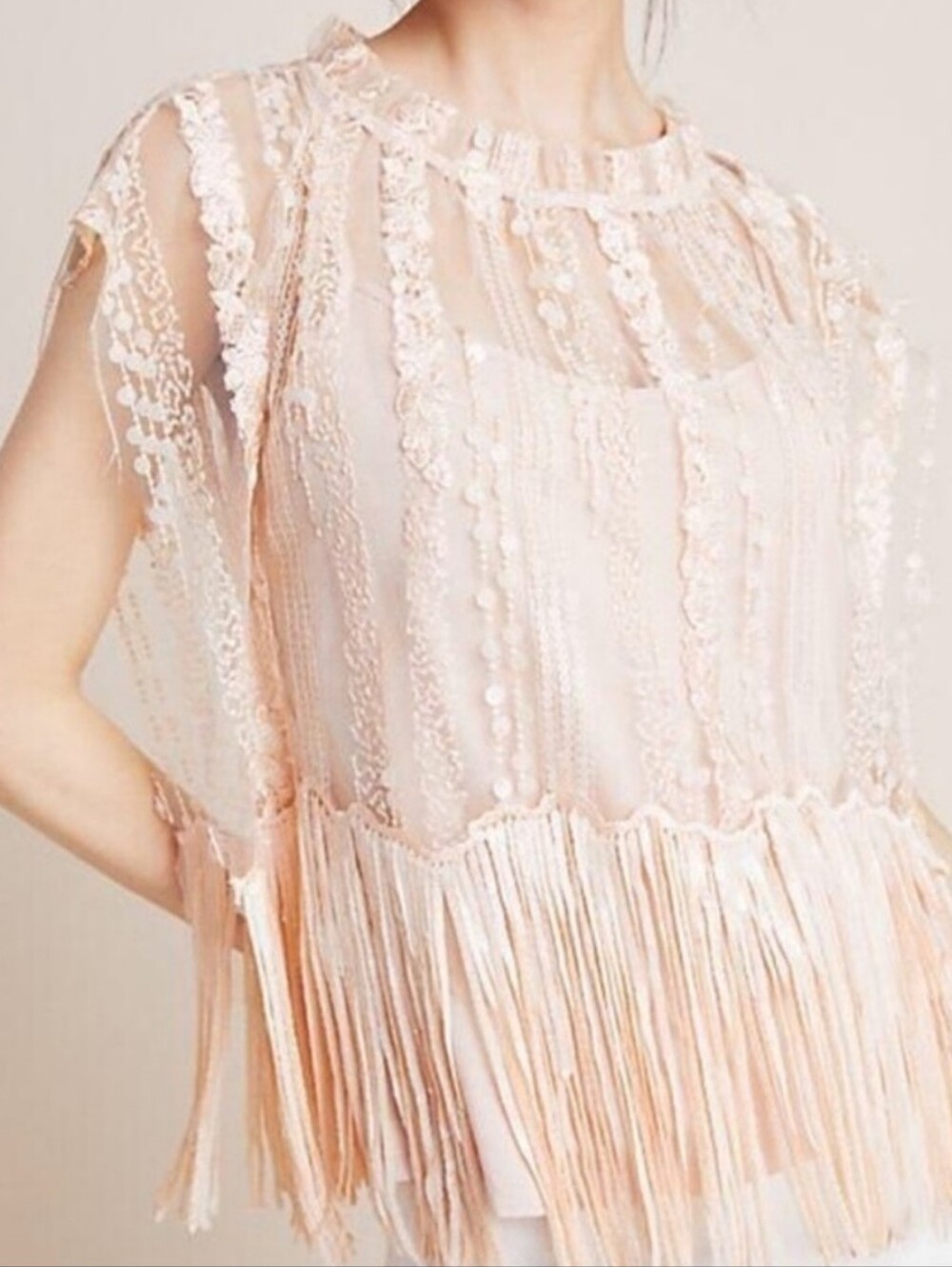 EVA FRANCO FOR ANTROPOLOGIE CICI SHEER FRINGE LACE/SEQUIN OVERLAY TOP